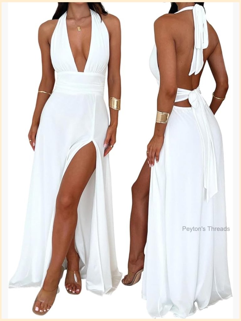 Women's Halter V Neck Maxi Dress With Slit For Wedding Guest Beach Vacation